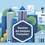 Illustration vectorielle notation des banques françaises avec badge et immeubles