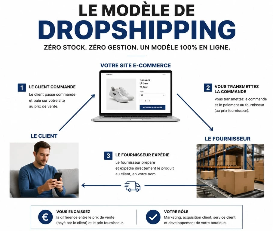 Schéma explicatif du fonctionnement du dropshipping : flux entre client, marchand et fournisseur