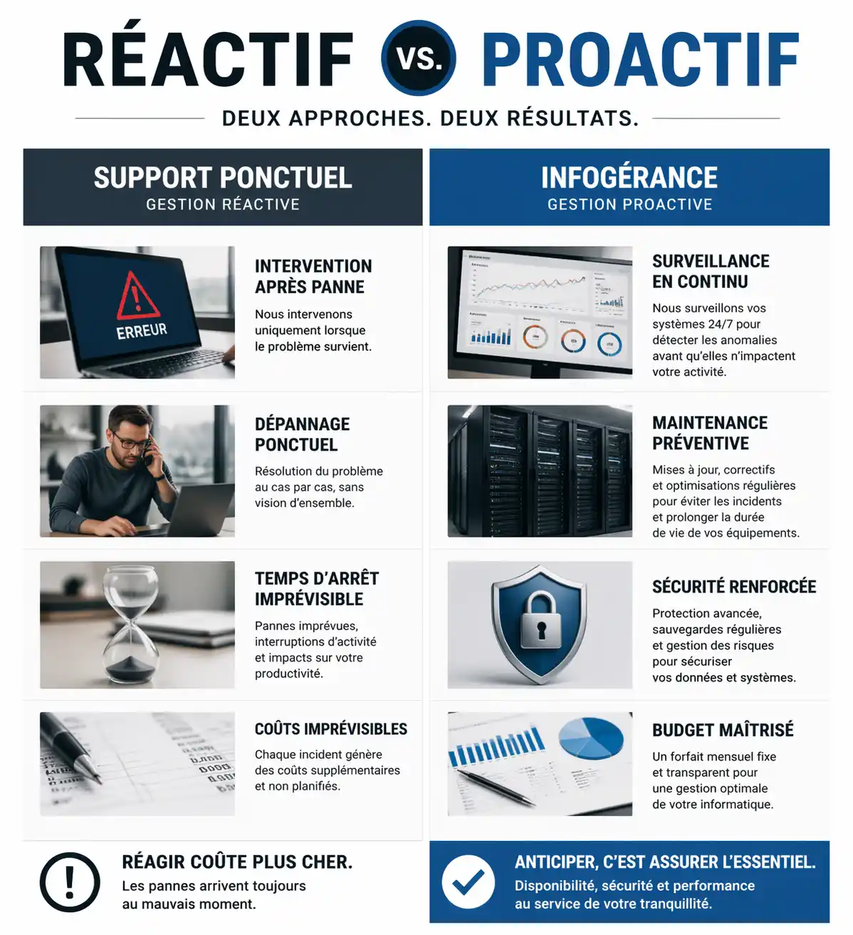 Infographie comparative : Support informatique ponctuel versus Infogérance proactive