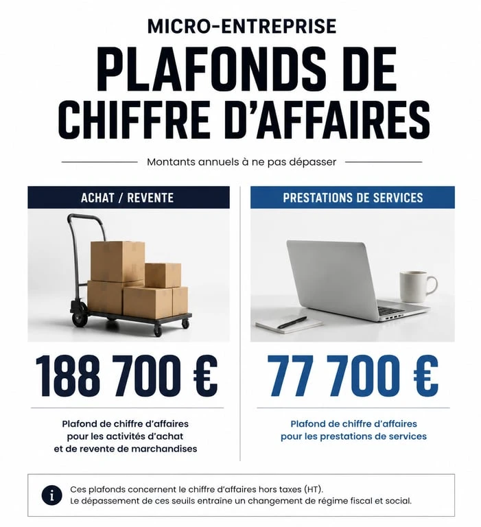 Infographie des plafonds de chiffre d'affaires pour micro entrepreneur ou auto entrepreneur