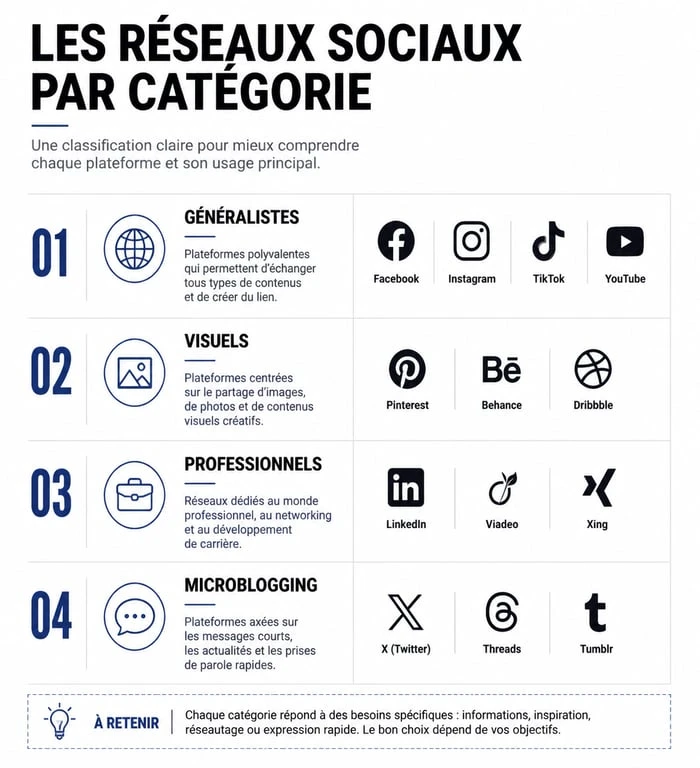 Infographie de la typologie des réseaux sociaux : généralistes, visuels, professionnels et microblogging