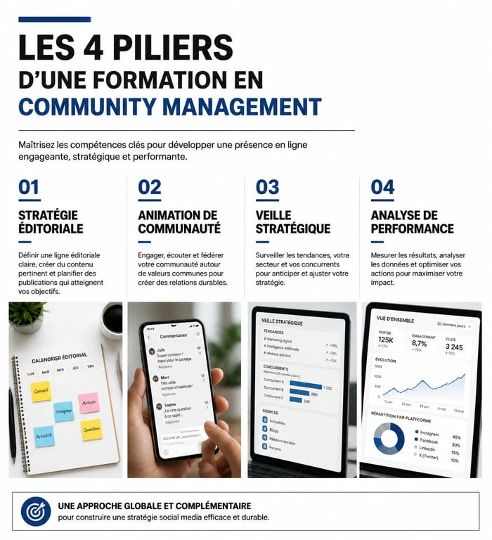 Infographie des piliers d'une formation community management