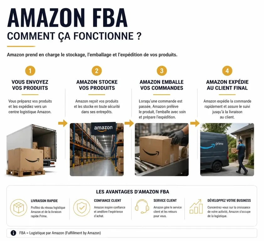Schéma explicatif du fonctionnement d'Amazon FBA pour les vendeurs e-commerce