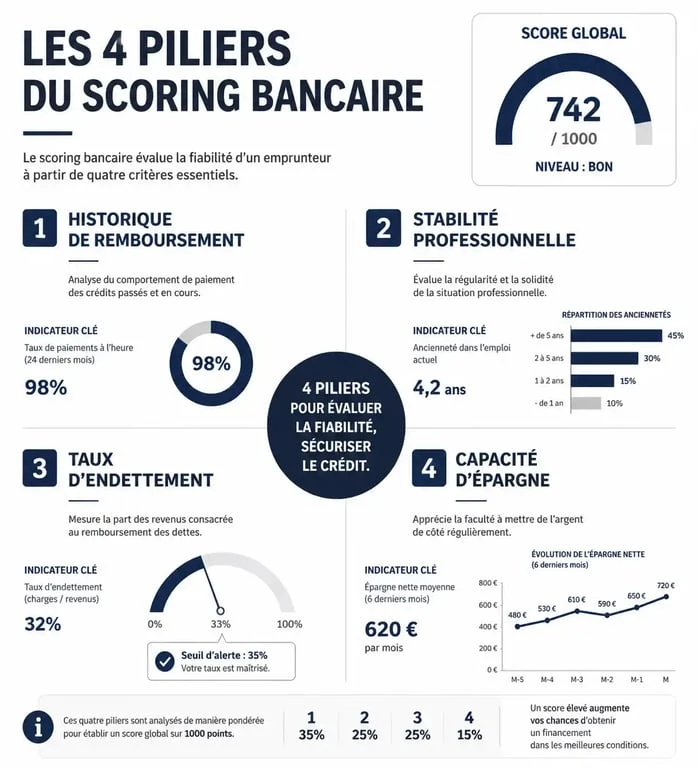 Infographie des piliers du score de crédit bancaire : historique, emploi, endettement et épargne.