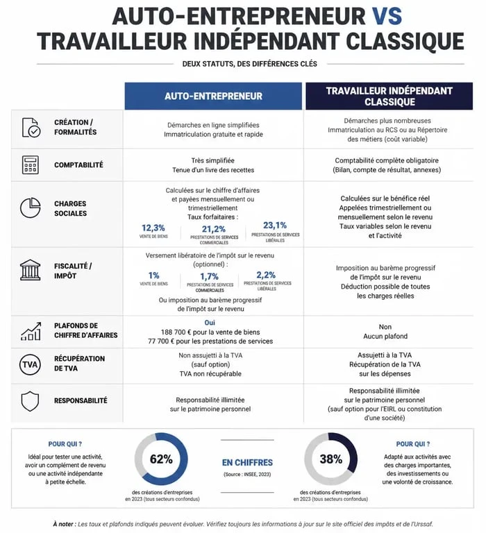 Infographie comparative entre travailleur indépendant et auto-entrepreneur pour choisir son statut juridique