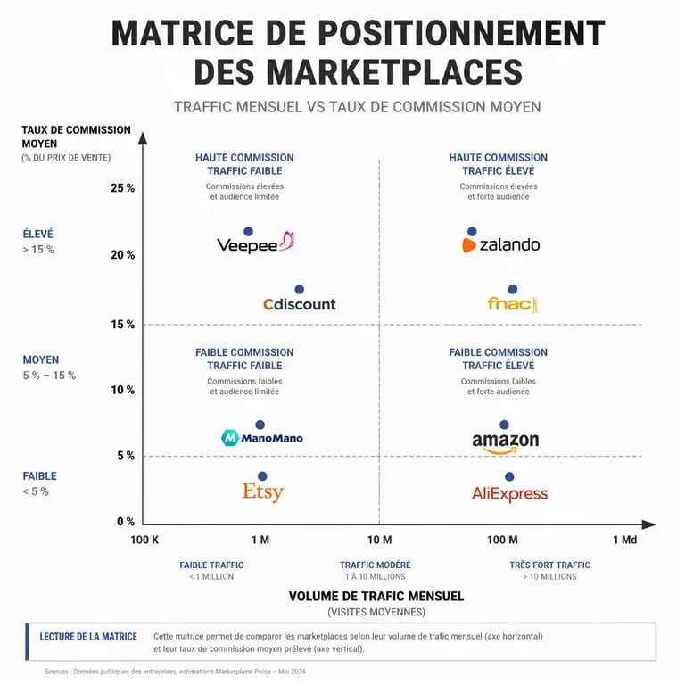Infographie comparative des top marketplaces : trafic mensuel et taux de commission pour les vendeurs