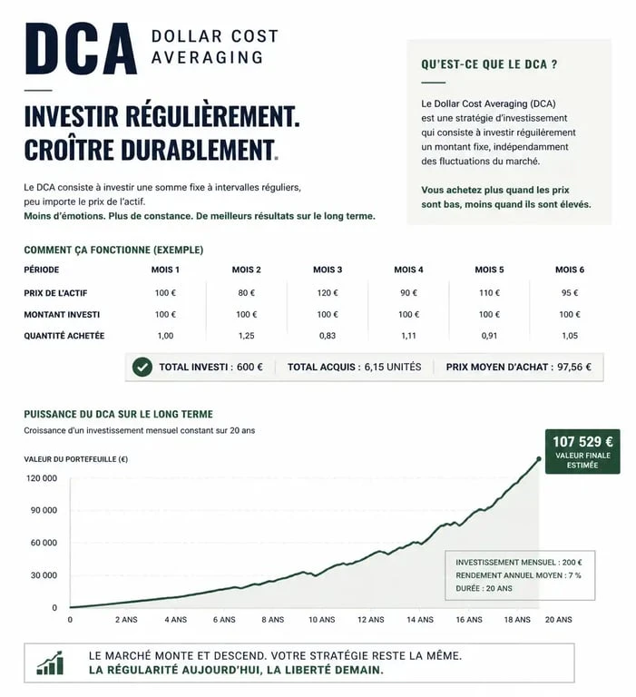 Infographie sur la stratégie d'investissement DCA pour investir en bourse avec un petit budget