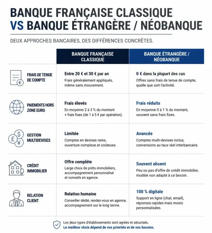 Comparatif des services entre une banque française classique et une banque étrangère en France pour les particuliers et professionnels.