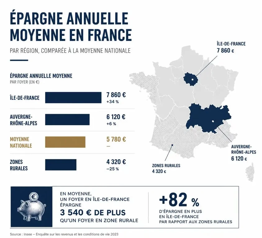 Graphique comparatif de l'épargne moyenne en France par région et zone géographique