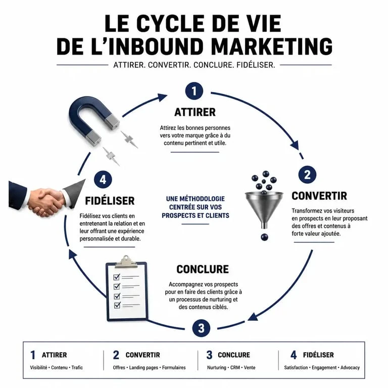 Infographie des 4 étapes de l'inbound marketing pour attirer et convertir des prospects