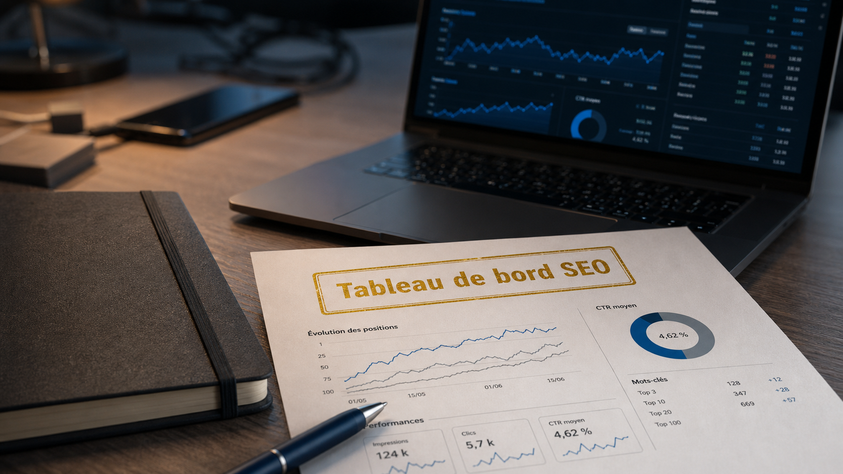 Suivi positionnement site web : dashboard SEO positions et CTR sur ordinateur