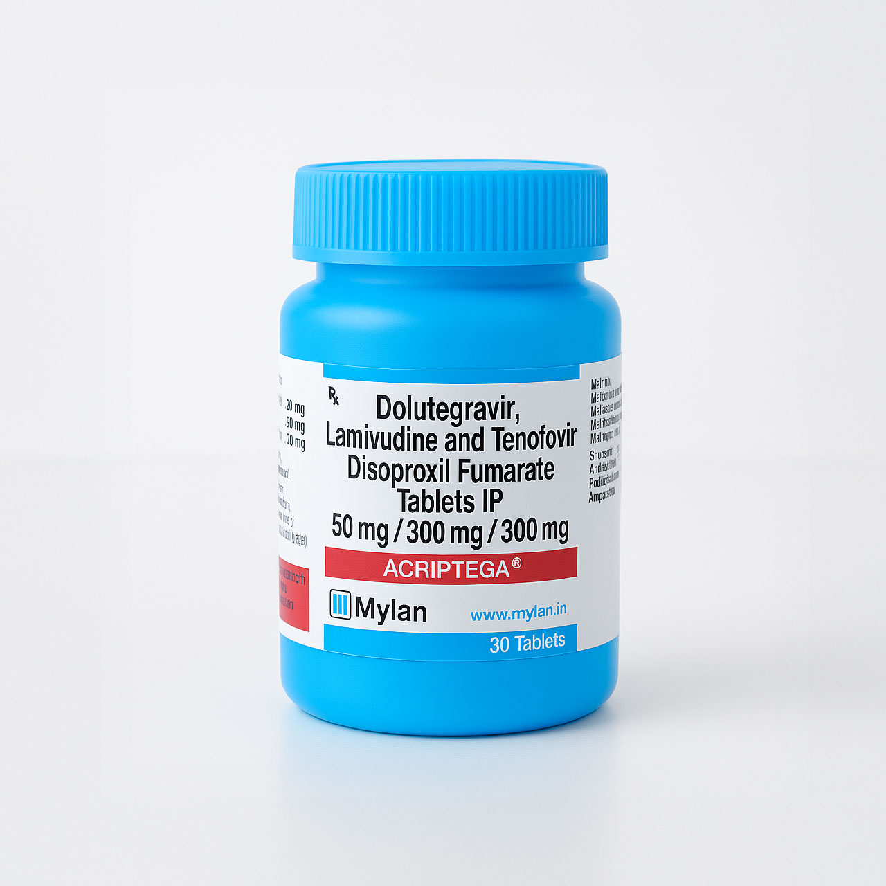 Acriptega tablets bottle – Dolutegravir, Lamivudine, and Tenofovir Disoproxil Fumarate 50mg/300mg/300mg by Mylan for HIV-1 treatment.