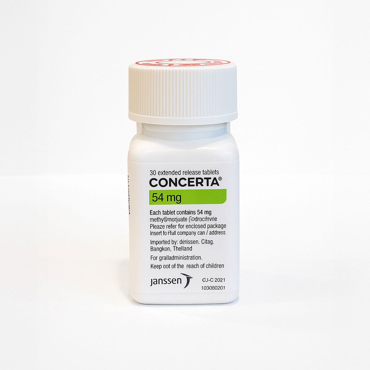 Concerta 54 mg extended-release tablets bottle – prescription medication containing methylphenidate for ADHD treatment by Janssen Pharmaceuticals.