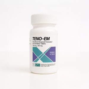 Teno-EM antiviral medication bottle by GPO - tenofovir disoproxil fumarate emtricitabine 100mg/200mg tablets, 30 count