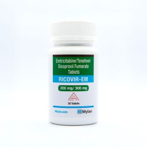 Ricovir-EM medication bottle by Mylan - emtricitabine tenofovir disoproxil fumarate 200mg/300mg PrEP tablets