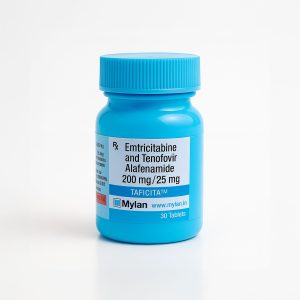 Taficita medication bottle by Mylan - emtricitabine tenofovir alafenamide 200mg/25mg PrEP tablets, 30 count