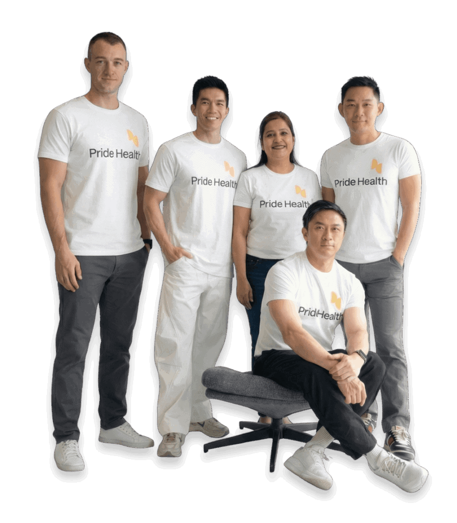 Group portrait of Pride Health's founding team including CEO Bruce Li, seated, with Chris Miller, Shawn Loo, Sukriti Soni and Dr. Kang Tungsanga, united in building inclusive LGBTQ+ healthcare across Southeast Asia