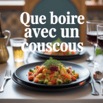 Table chaleureuse avec couscous, vins, bières et thé à la menthe