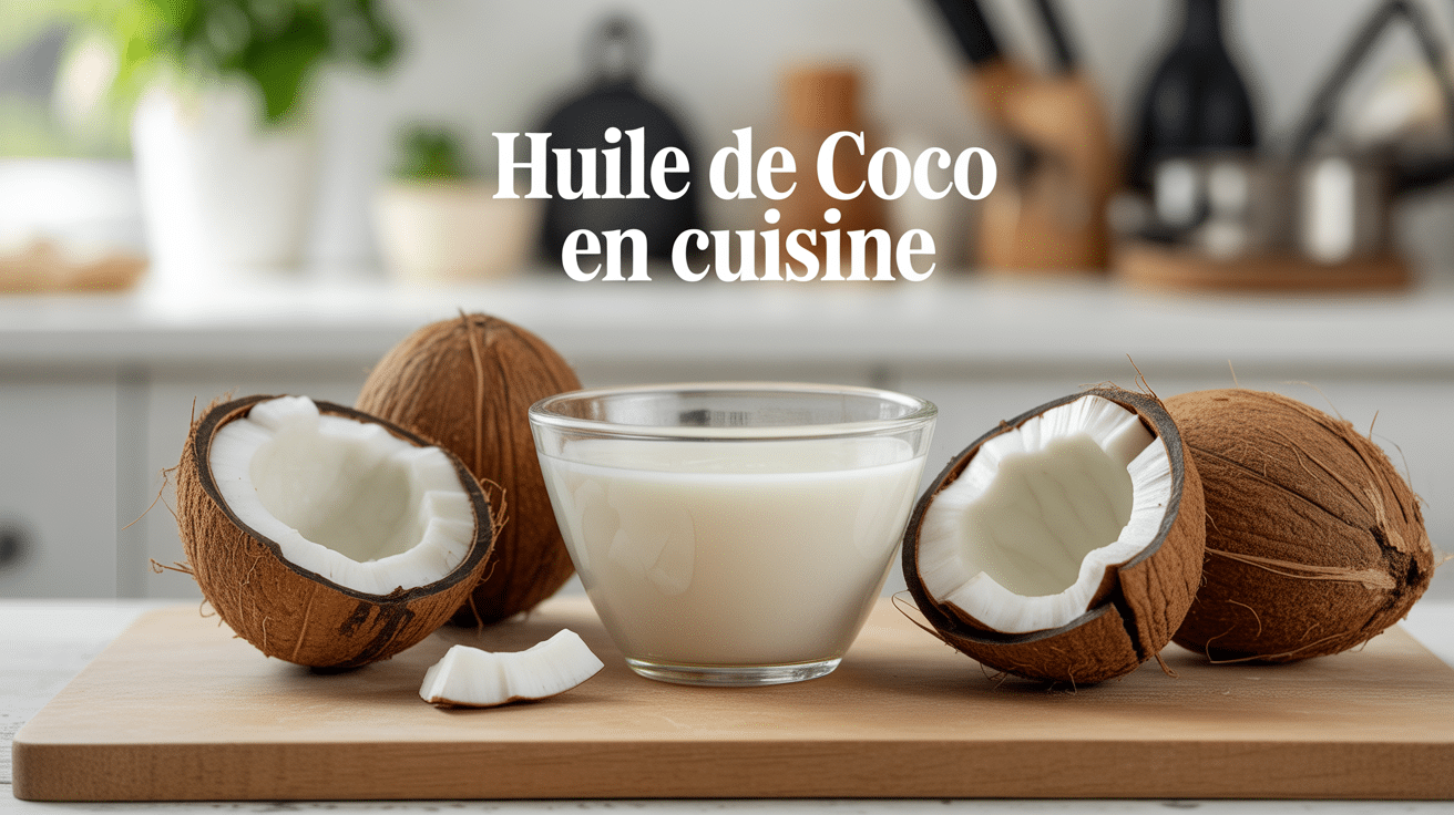 cuisiner l huile de coco bocal sur table et noix