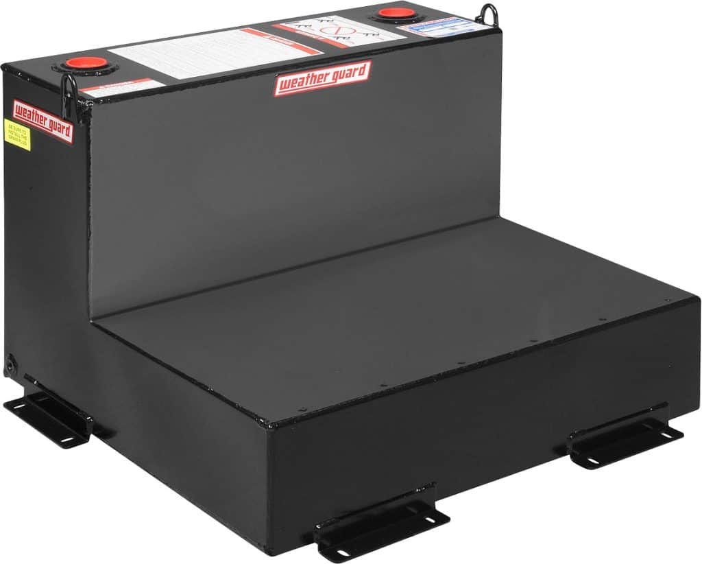 Black, L-shaped Weather Guard transfer tank with red caps and mounting brackets. The 'weather guard' logo is visible on the side.