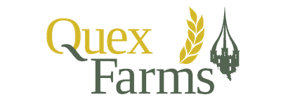 Quex Farms logo with wheat and farm tools on a green background.