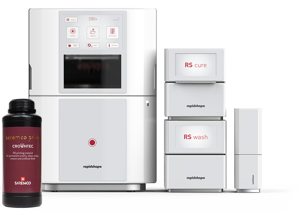 Press Release Image of Rapid Shape D30+ with RS wash and cure and SAREMCO Dental AG material Crowntec