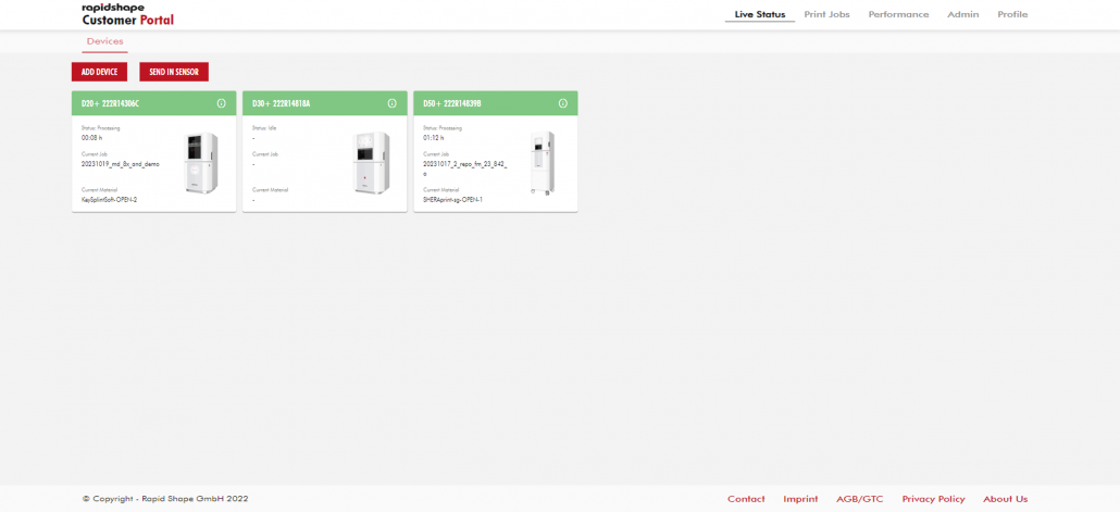 Image showing Rapid Shape Customer Portal Live Status of all 3D Printer