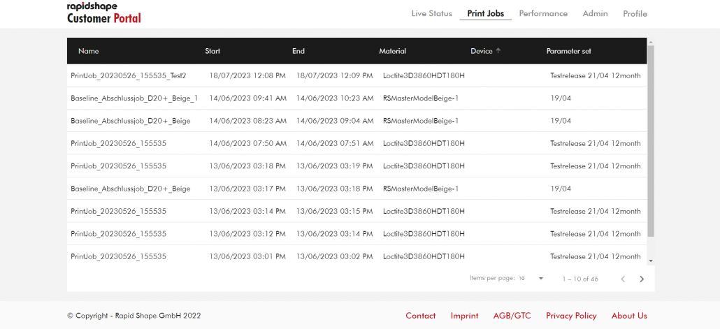 Image showing Rapid Shape Customer Portal Print Job Overview