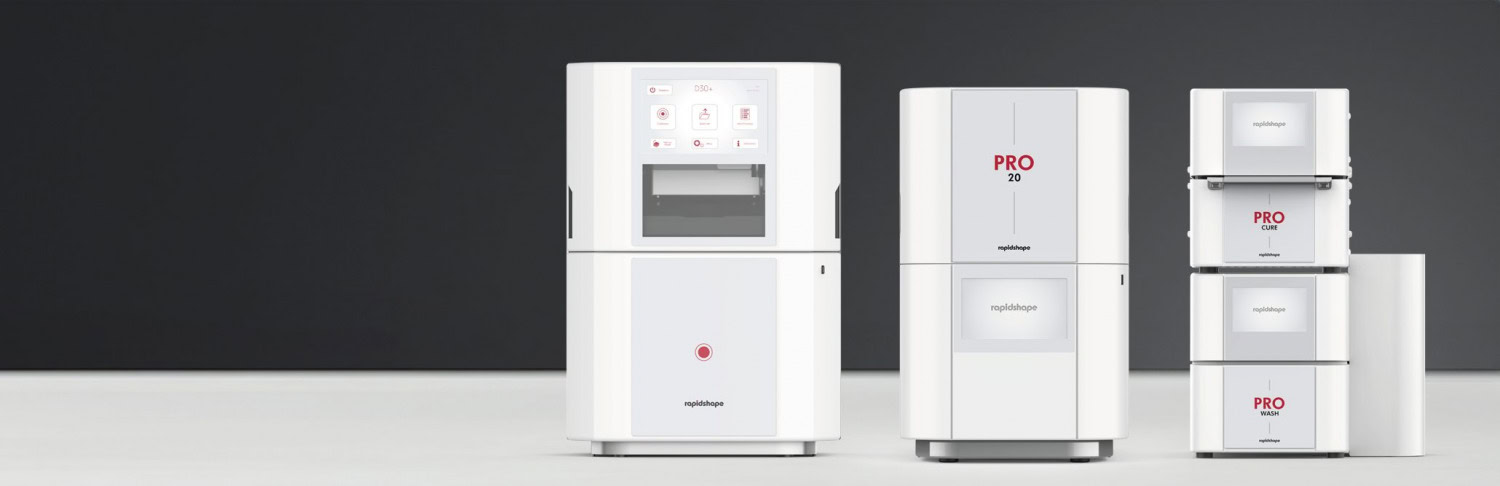 Four Rapid Shape 3D printers: PRO 20 for high-precision dental printing, D30+ with automatic part separation, and RS wash & RS cure for efficient post-processing and optimal results, supported by comprehensive CARE Plans for proactive maintenance and seamless service.