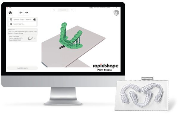Image of Rapid Shape Print Studio next to three splints printed on the ONE's Build Platform
