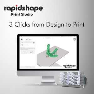Image showcasing Rapid Shape Print Studio on a computer screen next to the PRO 20’s built platform with 8 dental splints.