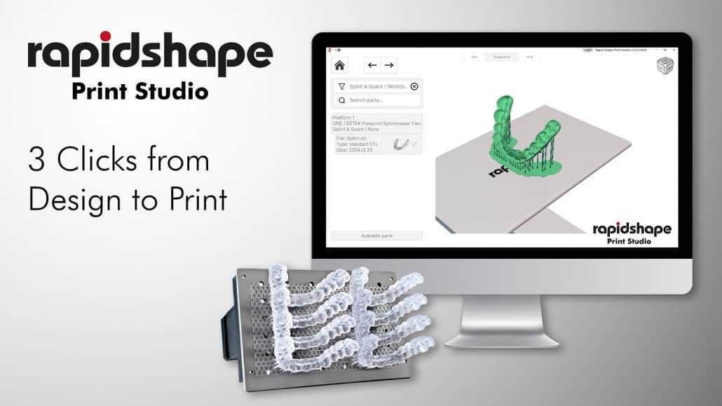 Image showcasing Rapid Shape Print Studio on a computer screen next to the PRO 20’s built platform with 8 dental splints.