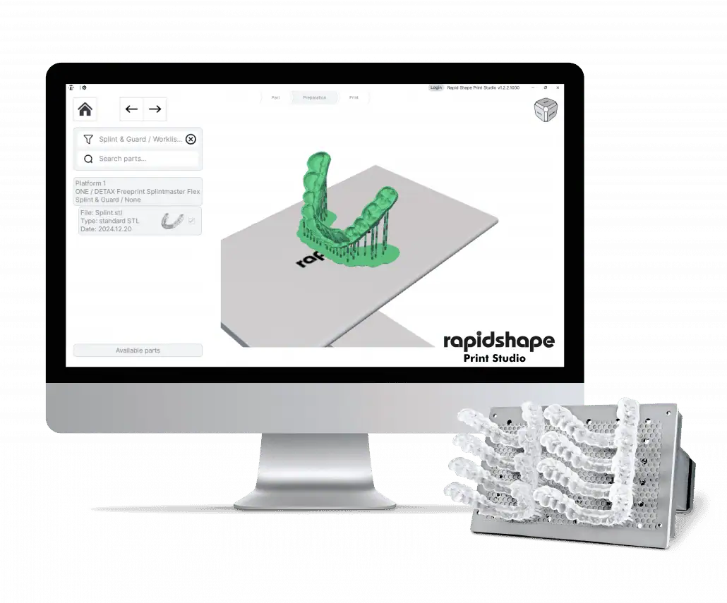 Image showcasing RS Print Studio on a computer screen with dental 3D printed splints next to it