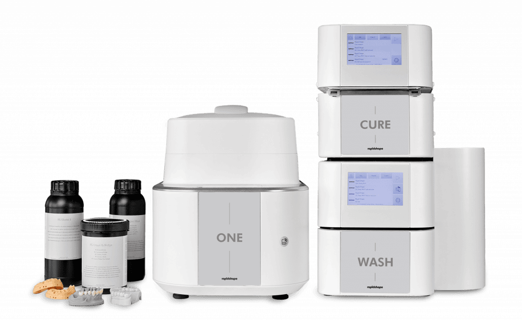 The ONE 3D Printing Solution, including the ONE wash and the ONE cure, as well as compatible dental resin bottles