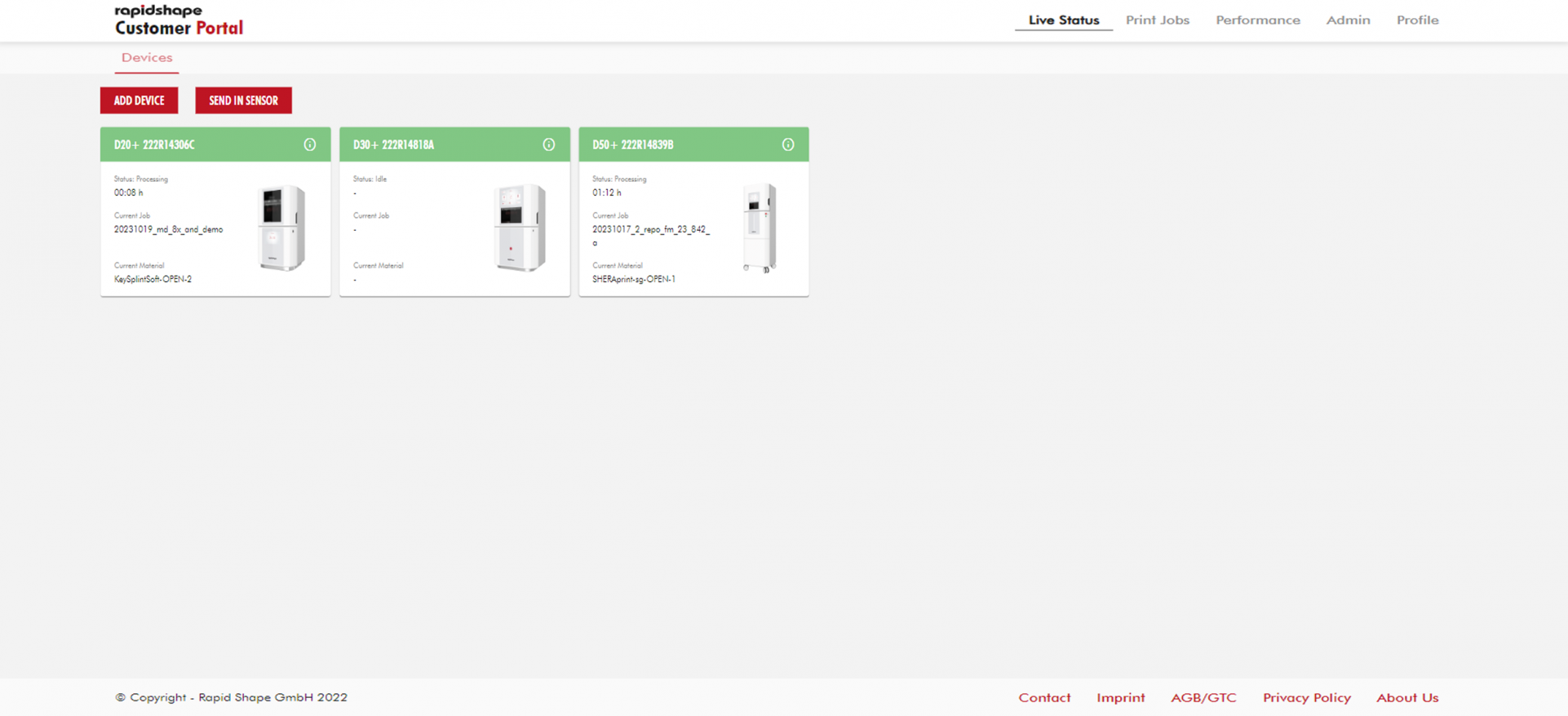 Image showing Rapid Shape Customer Portal Live Status of all 3D Printer