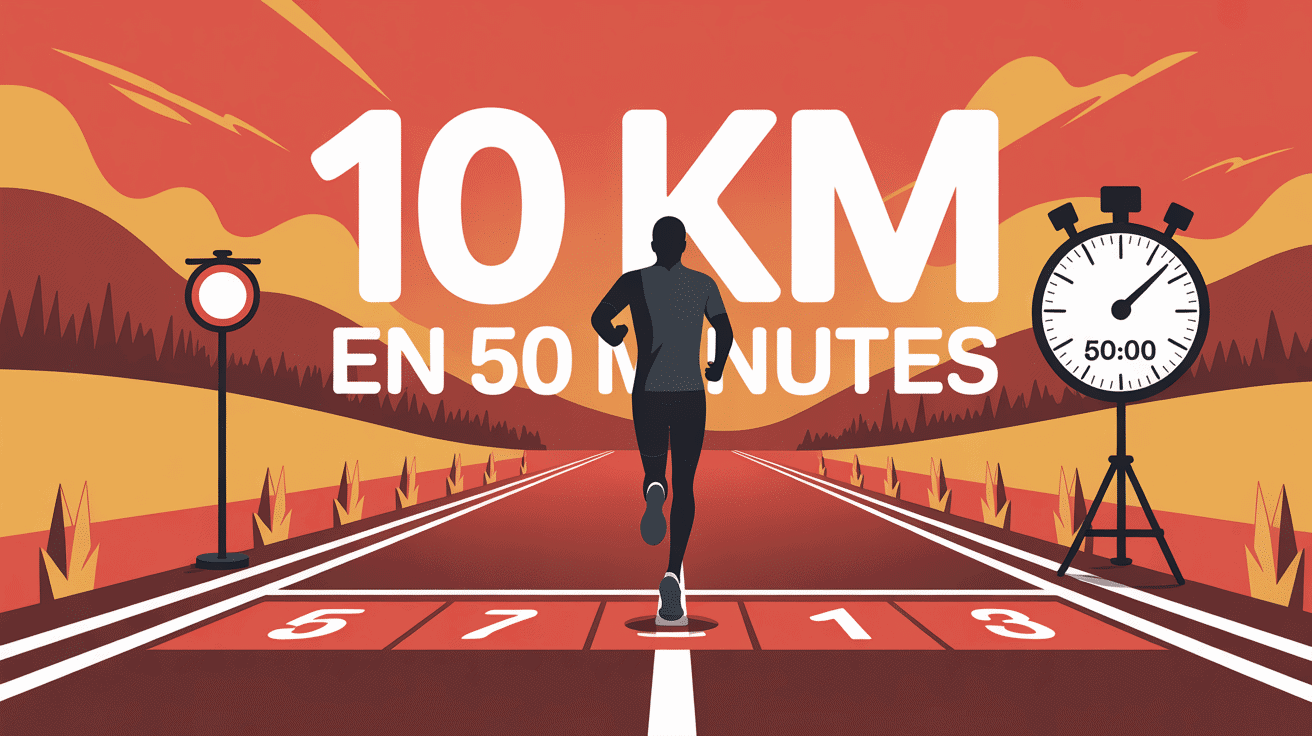 Coureur finish ligne, chrono 10 km en 50 minutes