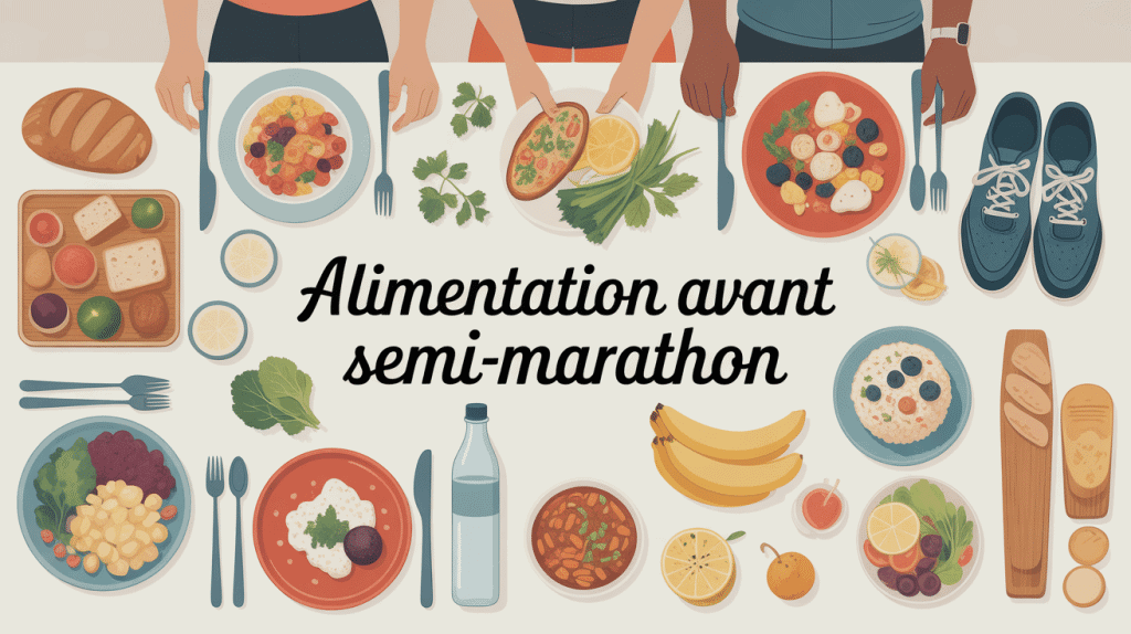 Vue aliments et équipement alimentation avant semi marathon
