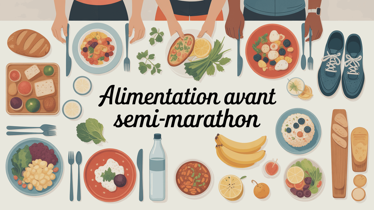 Vue aliments et équipement alimentation avant semi marathon