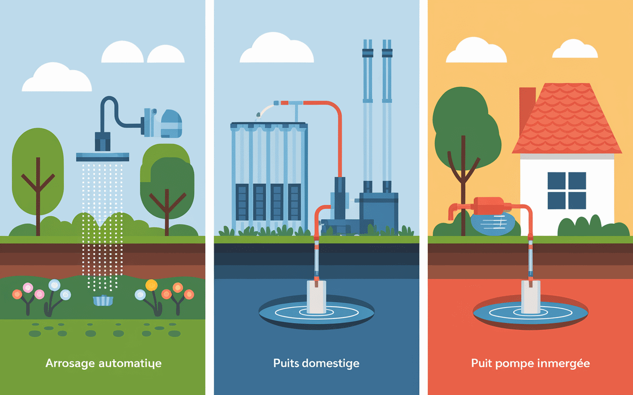 scène comparative different type de pompes pour jardin industrie puits