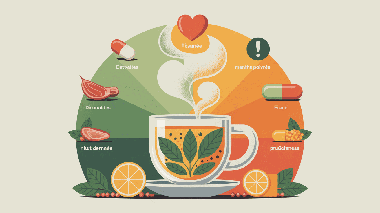 Tasse et pictogrammes bienfaits risques, tisane menthe poivree effets secondaires