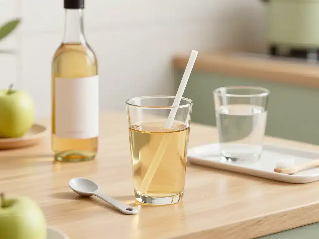 Visuel vinaigre de cidre et eau verre dilué paille et protection des dents