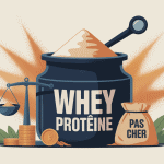Whey proteine pas cher pot ouvert cuillère loupe balance