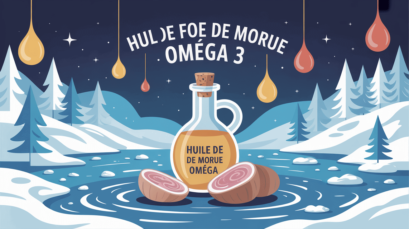 illustration bouteille huile de foie de morue omega 3 morues gouttes dorées