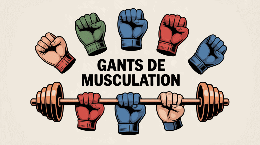 différents types de gants pour la musculation présentés autour d’une barre