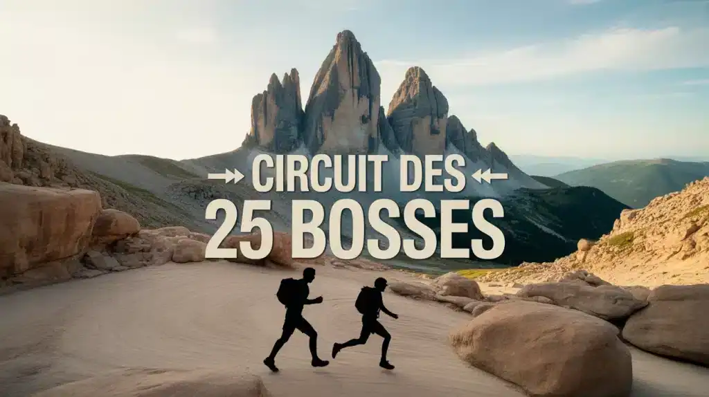 Illustration vectorielle du Circuit des 25 bosses avec sentiers et randonneurs
