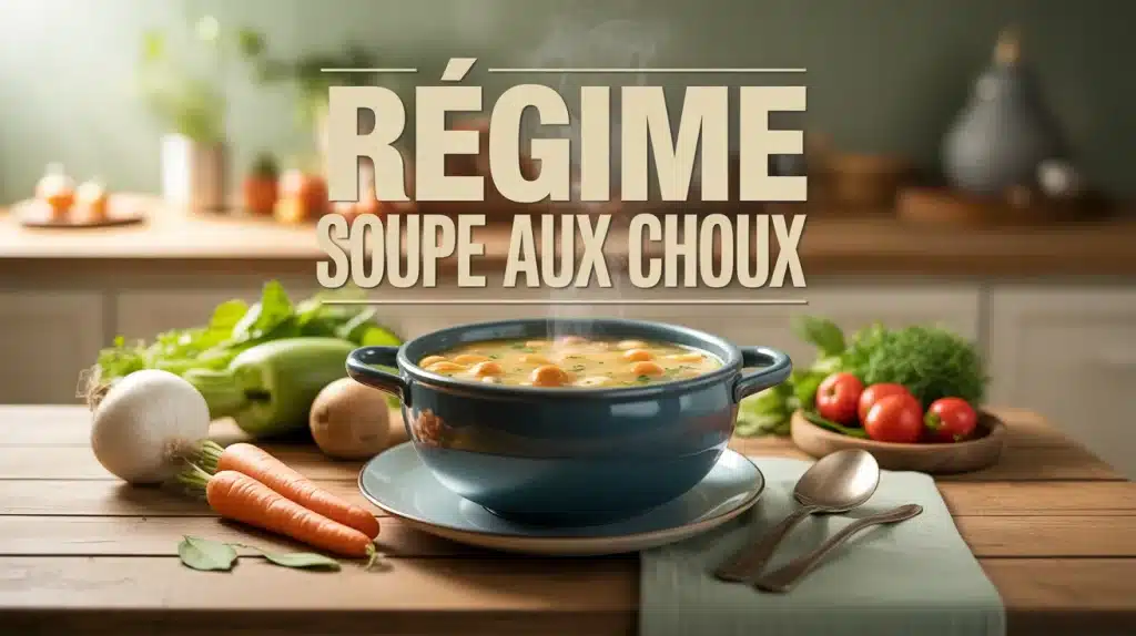 Bol fumant de soupe aux choux avec légumes frais sur table en bois