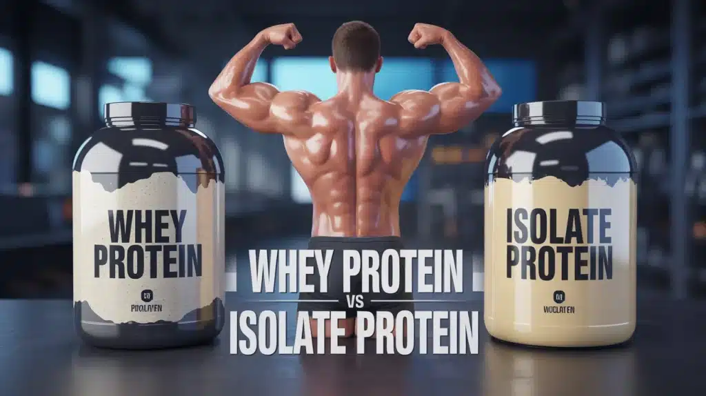 illustration whey protein vs isolate protein avec pots et muscle stylisé
