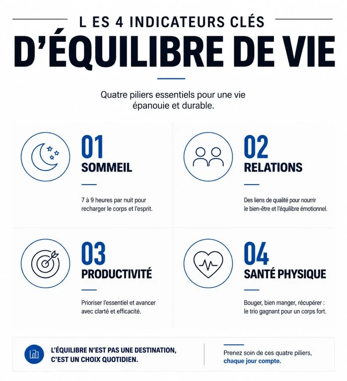 Infographie des indicateurs d'équilibre de vie pour améliorer son bien-être au quotidien