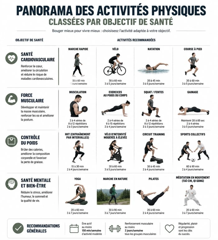 Infographie des activités sportives recommandées selon les objectifs de santé et l'intensité