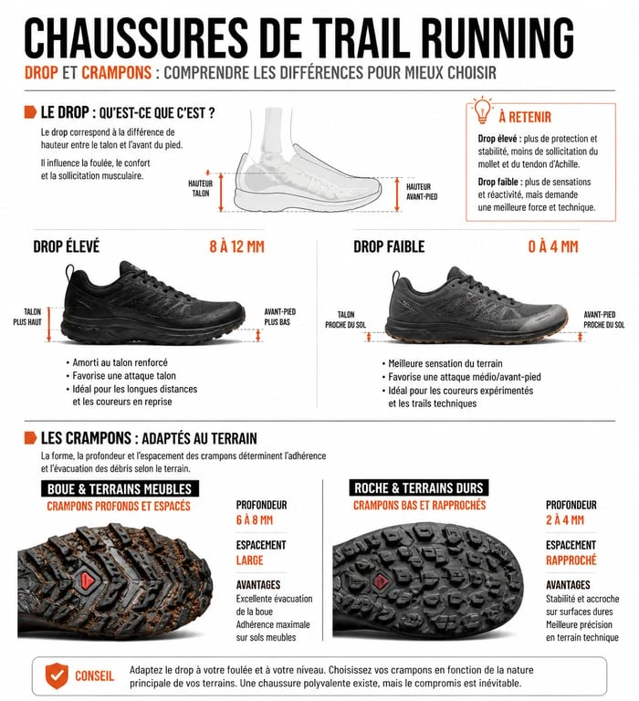 Infographie technique sur le choix des chaussures de trail running : drop et crampons